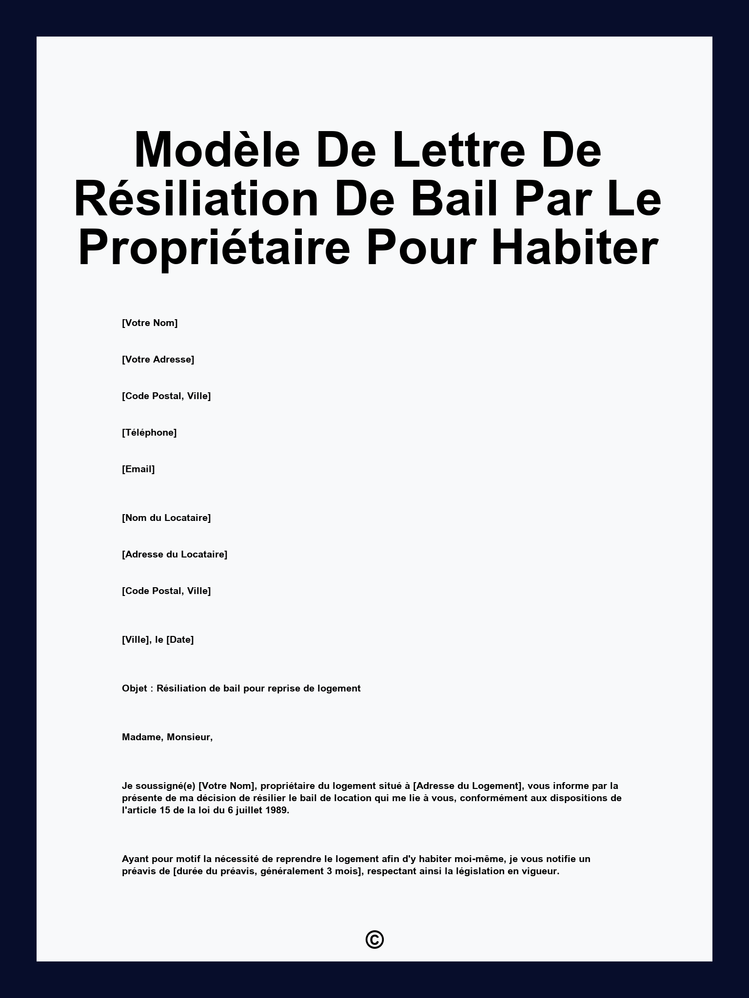 Modèle De Lettre De Résiliation De Bail Par Le Propriétaire Pour Habiter