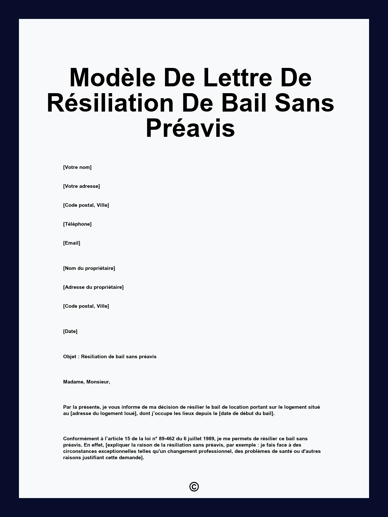 Modèle De Lettre De Résiliation De Bail Sans Préavis